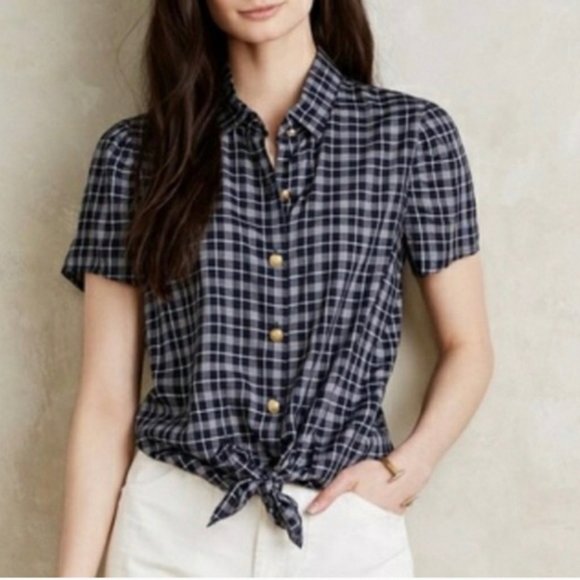 NWT Paper Crown Plaid for Anthropologie Tie Front Button Down Blouse Size M - Picture 1 of 14